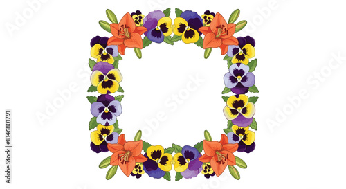 Square floral frame created with colorful orange lilies and vibrant purple and yellow pansy flowers, isolated on a white background.