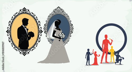 Conceptual illustration contrasting a traditional wedding with bride and groom silhouettes against a modern concert or party scene.