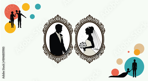 Wedding invitation concept with bride and groom silhouettes in ornate frames, surrounded by stages of life couple illustrations.