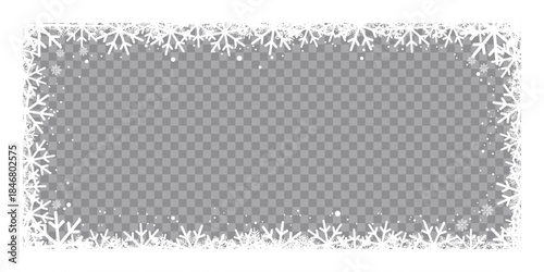 Winter snowflake frame with transparent center, featuring decorative white frosty border and falling snow on a checkered background, perfect for Christmas photo overlays, greeting cards.
