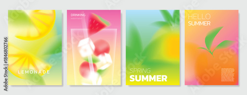 Abstract colorful gradient fruit card background set. Minimalist poster with lemon. Modern summer and spring wallpaper design for drink menu, promotion, beverages, ads.