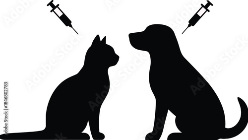 Pet Vaccination Concept, Black Silhouette of Cat and Dog Receiving Injections, Veterinary Care and Immunization for Domestic Animals, Flat Vector Illustration Isolated on White