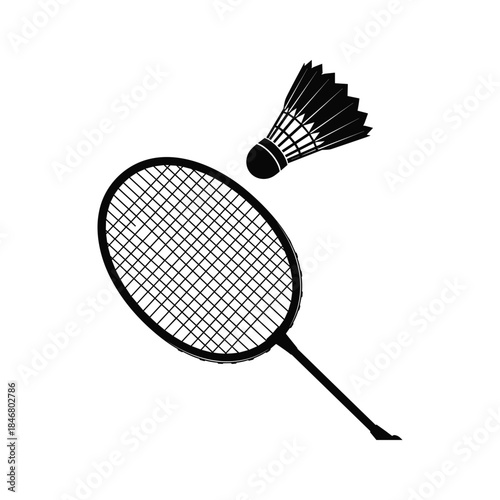 Black silhouette of a badminton racket and shuttlecock in motion sport game