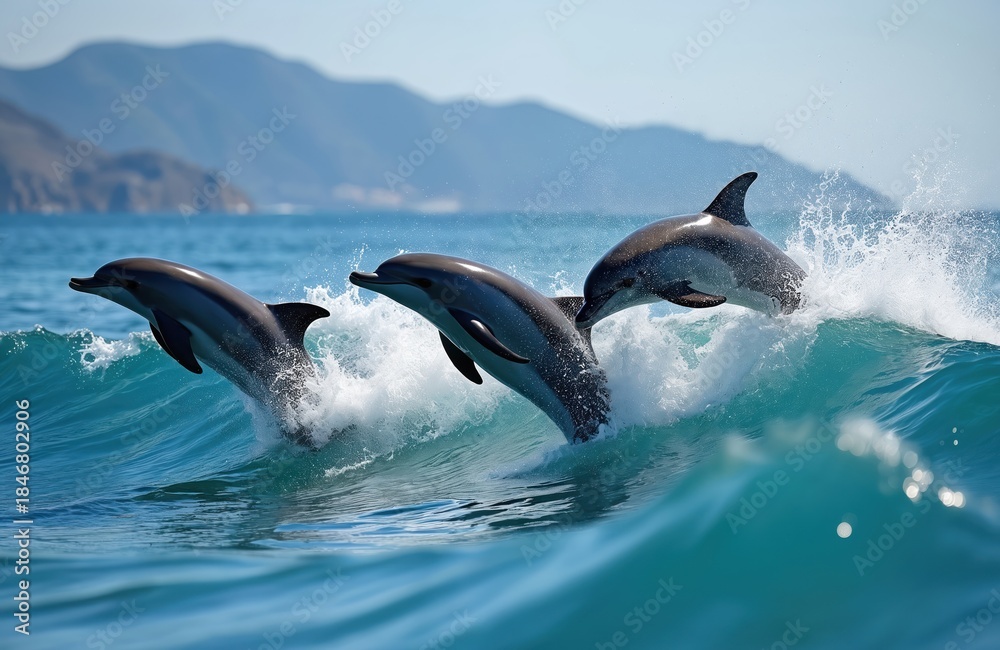 Fototapeta premium Three dolphins leap from blue ocean waves near coast hills. Marine mammals play in sea, breaching water, showing tails and fins. Wild nature scene.