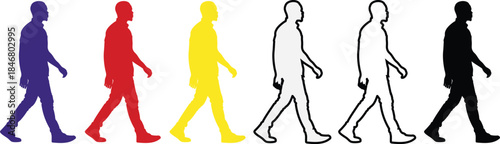 Diverse Silhouettes Walking in Sequence on White Background