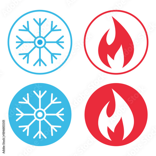Fire and snowflake temperature icon set. Hot and cold vector simple style website design. Heat and freeze sign, temperature concept collection. Vector illustration. EPS 10