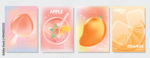 Abstract colorful gradient fruit card background set. Minimalist poster with lemon. Modern summer and spring wallpaper design for drink menu, promotion, beverages, ads.