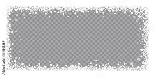 Winter snowflake frame with transparent center, featuring decorative white frosty border and falling snow on a checkered background, perfect for Christmas photo overlays, greeting cards.