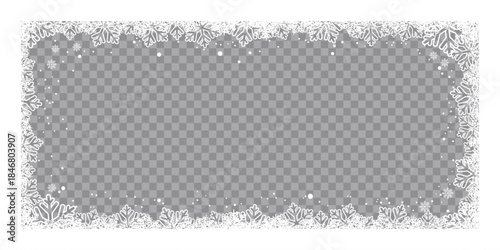 Winter snowflake frame with transparent center, featuring decorative white frosty border and falling snow on a checkered background, perfect for Christmas photo overlays, greeting cards.