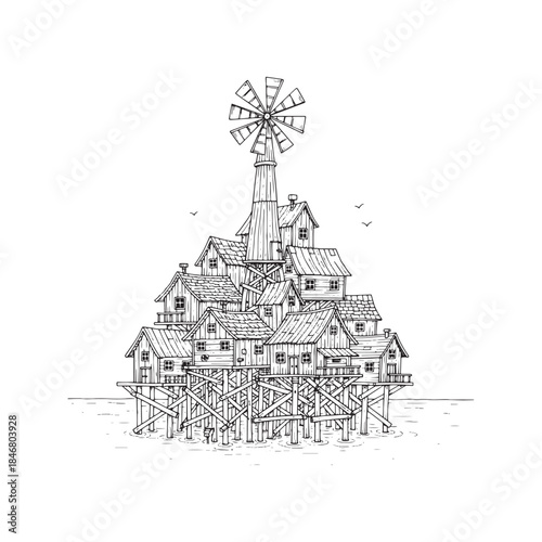 Hand drawn ink sketch of a rustic wooden windmill and houses built on stilts over water, isolated architectural illustration on textured background.
