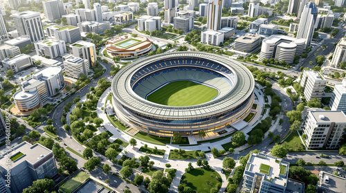City Stadium Aerial View: An expansive aerial perspective of a modern stadium, nestled within a thriving urban landscape, showcasing the interplay of architecture and city life.