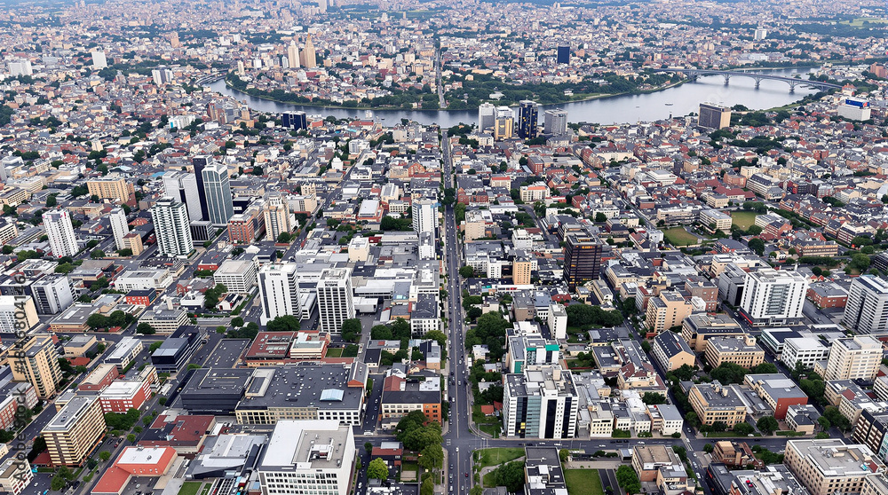 Fototapeta premium Cityscape Aerial View: An expansive aerial perspective captures a bustling city, showcasing a grid of buildings stretching towards the horizon, interspersed with roads, bridges, and a serene lake.
