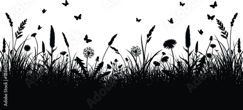 Black and White Silhouette Vector of Summer Meadow Grass, Wildflowers, Dandelions, and Flying Butterflies, Creating a Seamless Border for Nature Design Background