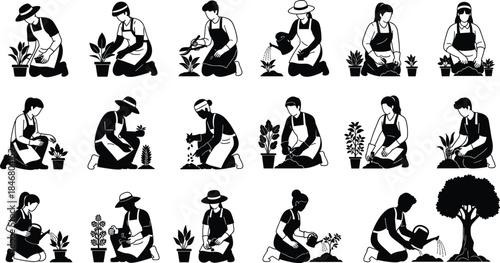 Black and White Silhouettes of People Gardening, Planting, Watering, and Cultivating Plants, Showcasing Diverse Farmers Working with Horticulture and Agriculture