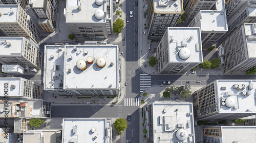Urban Aerial: A high-angle perspective showcases the orderly arrangement of urban rooftops, streets, and buildings, revealing the intricate patterns of a city.