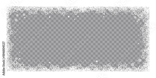 Winter snowflake frame with transparent center, featuring decorative white frosty border and falling snow on a checkered background, perfect for Christmas photo overlays, greeting cards.