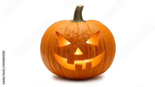 A classic Halloween jack-o’-lantern pumpkin is depicted with sharp slanted eyes, a small triangular nose, and a wide mischievous grin featuring uneven teeth. It is illuminated by warm yellow candlelig
