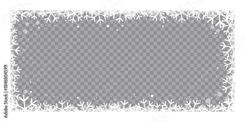 Winter snowflake frame with transparent center, featuring decorative white frosty border and falling snow on a checkered background, perfect for Christmas photo overlays, greeting cards.