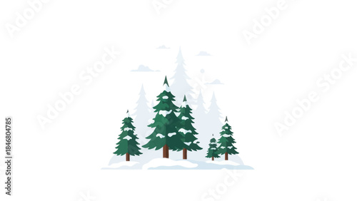 Stylized winter forest scene with snow-laden pine trees.