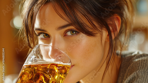 Woman drinking beer from a ...