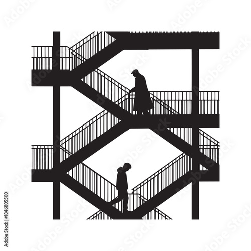 Black and white silhouette of people walking on an outdoor metal industrial staircase, urban architecture photography featuring geometric diagonal lines and high contrast.
