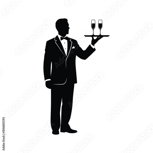 Silhouette waiter in tuxedo holding tray with two champagne glasses vector