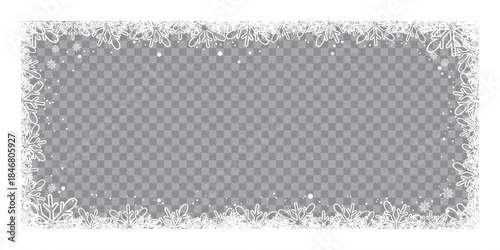 Winter snowflake frame with transparent center, featuring decorative white frosty border and falling snow on a checkered background, perfect for Christmas photo overlays, greeting cards.