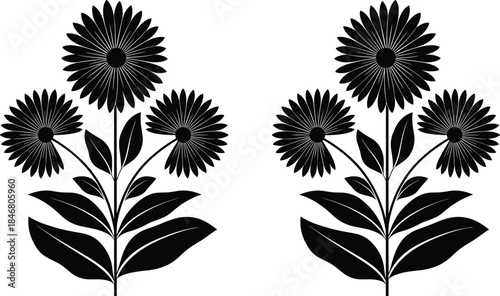 Extensive Black Silhouette Vector Collection: Gardeners Working, Decorative Flowers, and Diverse Deciduous and Coniferous Trees for Nature and Landscape Design.