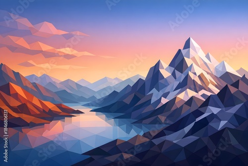 Digital polygon landscape with low ploy mountain and sky gradient 