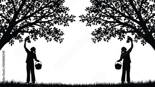 Large Grid of Black Silhouettes Showcasing People Gardening and Potting Plants, Illustrating Diverse Activities of Nurturing, Watering, and Caring for Small Trees and Flowers