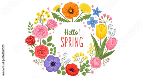 Hello Spring Floral Wreath Design Vibrant Seasonal Flowers Greeting Card Invitation Web Banner