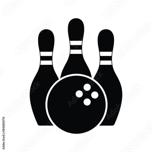 Black bowling ball and pins icon on white background sport game