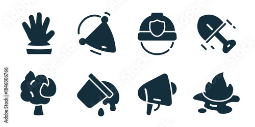 Industrial safety equipment excellent icon collection. Set of protective gloves, bucket, safety helmet, shovel, tree hazard, paint spill, megaphone, and fire icon