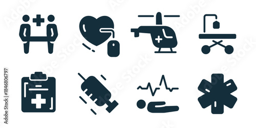 Emergency response services excellent icon collection. Set of rescue team, heart monitor, medical helicopter, stretcher, medical clipboard, injection, patient, and emergency symbol icons