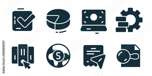 Task management and workflow excellent icon collection. Set of completed task, segmented process, project laptop, system settings, navigation click, global payment, message send