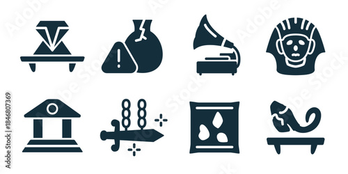 Museum and culture excellent icon collection. Diamond display, artifact warning, gramophone, pharaoh mask, museum building, jeweled sword, framed artwork, ancient horn exhibit