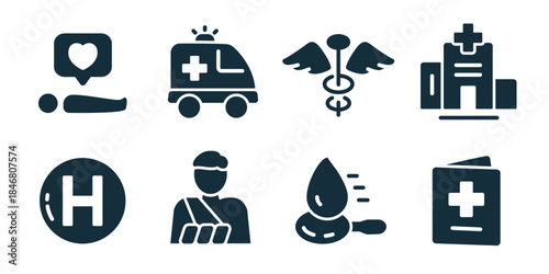Medical emergency care excellent icon collection. Set of patient, ambulance, medical symbol, hospital, helipad, injured person, blood drop, and medical record icons