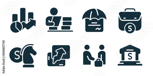Business finance and professional services excellent icon collection. Set of statistics growth, office work, insurance document, money bag, investment strategy, financial analysis