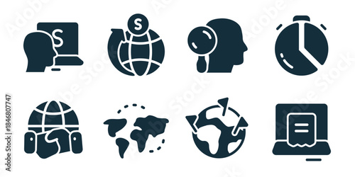Global communication and online services excellent icon collection. Set of voice assistant, global payment, listening profile, time management, global headset, world map