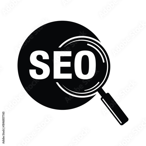 Black magnifying glass with white S E O text and abstract lines search engine