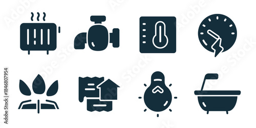 Public utilities excellent icon collection. Set of radiator, water valve, temperature control, electricity meter, eco energy, boiler, heating system, housing service icons