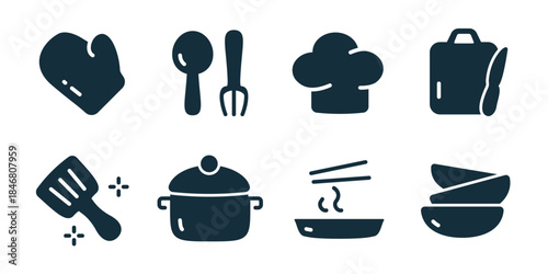 Kitchen and cooking excellent icon collection. Set of food heart, cutlery, chef hat, grocery bag, spatula, cooking pot, hot plate, bowl icons