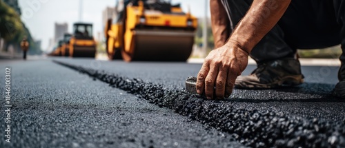 Worker finishing asphalt road construction