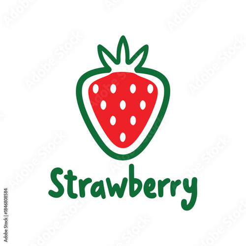 Red strawberry with green leaves and stem with text Strawberry fruit
