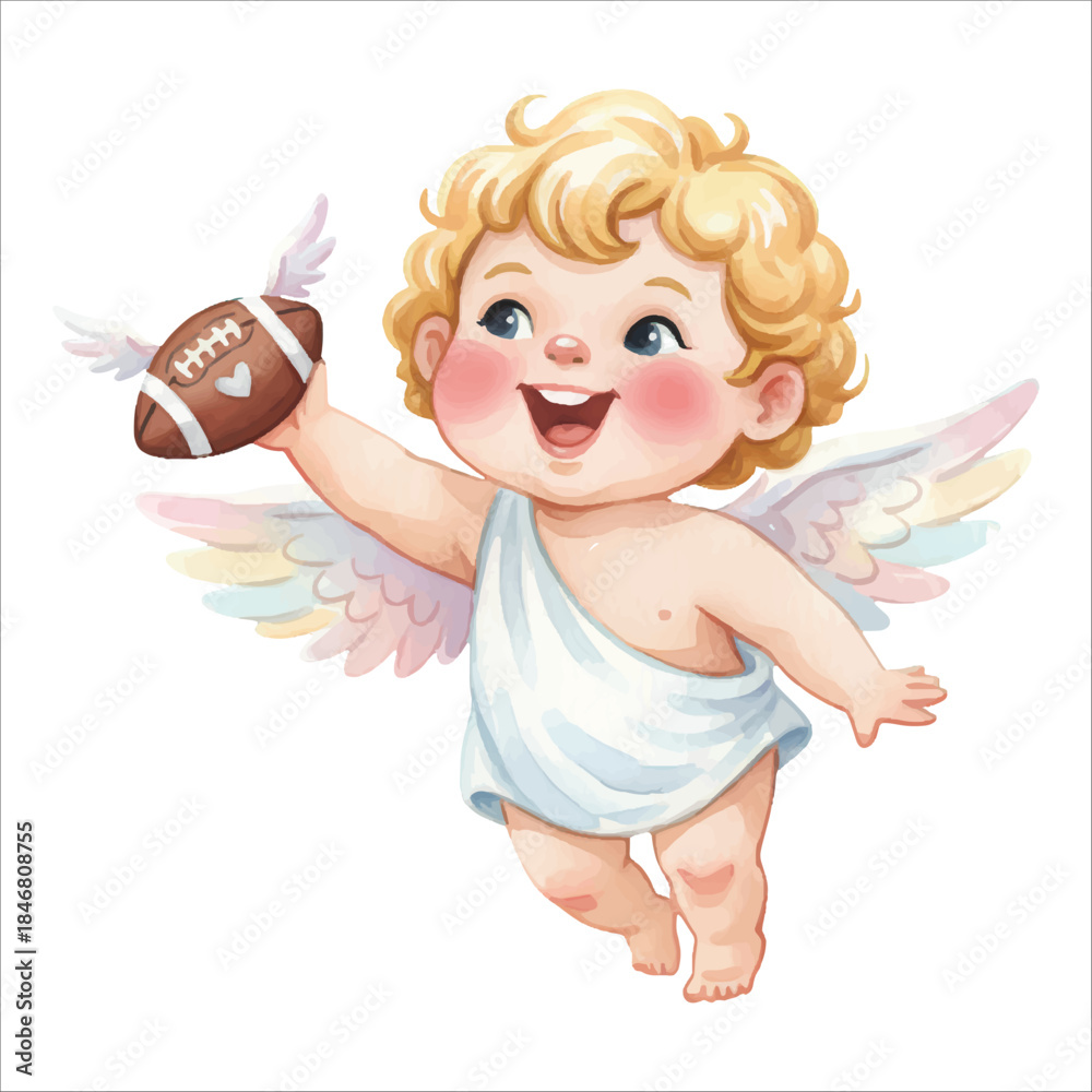 Fototapeta premium Cute Cupid Angel Football Throw Watercolor Vector Illustration Isolated on White Background