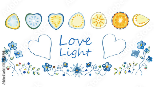 Digital illustration of heart shapes flowers and lemons with love light text