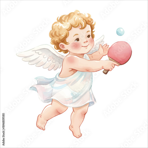Cute Cupid Angel Table Tennis Backhand Watercolor Vector Illustration Isolated on White Background
