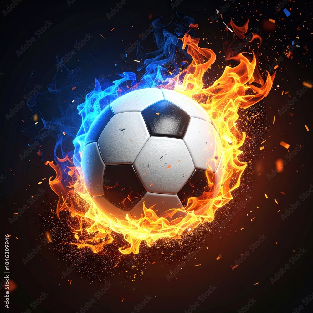 Fototapeta premium Soccer ball engulfed in vibrant, dual-toned flames