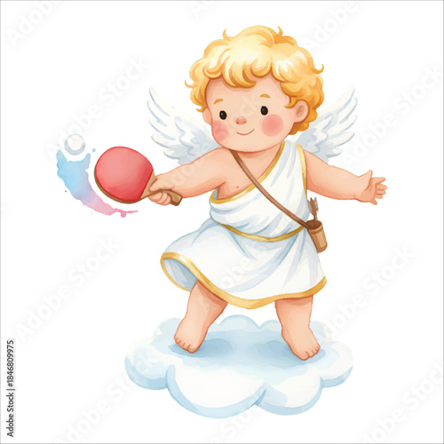 Cute Cupid Angel Playing Table Tennis Forehand Watercolor Vector Illustration Isolated on White Background

