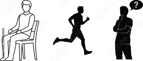 Three figures in different states of activity and contemplation